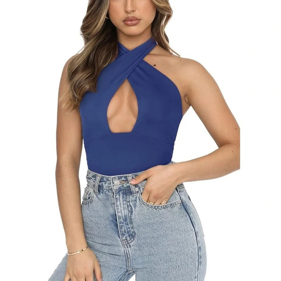 ReoRia Tops - NWT! ReoRia blue criss cross halter body suit XL
